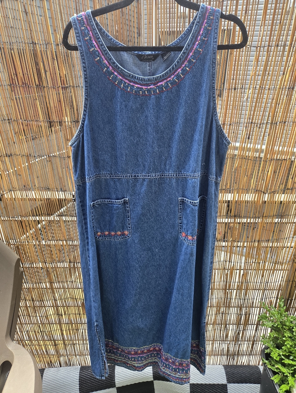 Denim Embroidered Tank Dress with Colorful Trim 90s Vintage Jumper Dress XL Euc